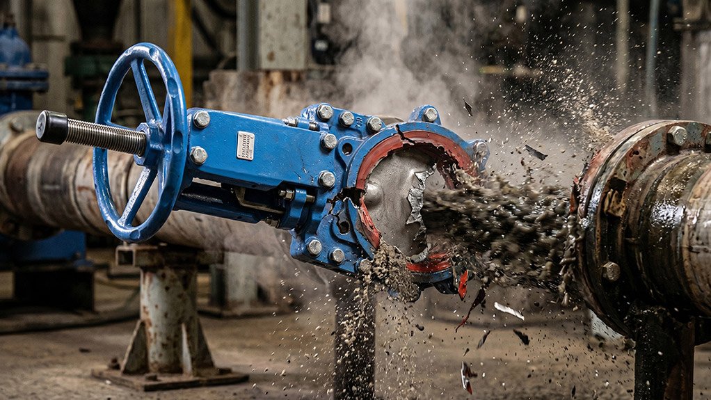 An industrial water valve violently rupturing under high pressure, spewing thick, abrasive slurry and debris across a concrete plant floor.