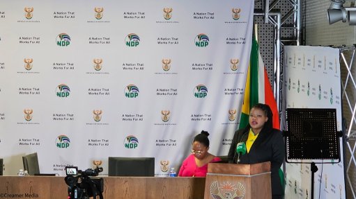 An image of deputy minister in the Presidency Nonceba Mhlauli, speaking at a PEYI fourth-quarter progress report media briefing