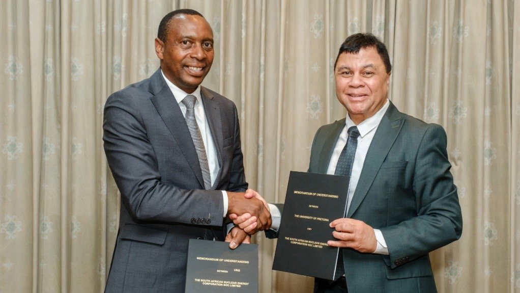 Necsa Group CEO Loyiso Tyabashe (left) and UP Vice-Chancellor Prof Francis Petersen
