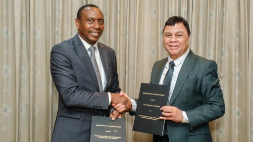 Necsa Group CEO Loyiso Tyabashe (left) and UP Vice-Chancellor Prof Francis Petersen