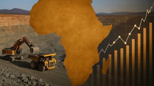 An AI generated image of a mine truck the African continent and financial scales