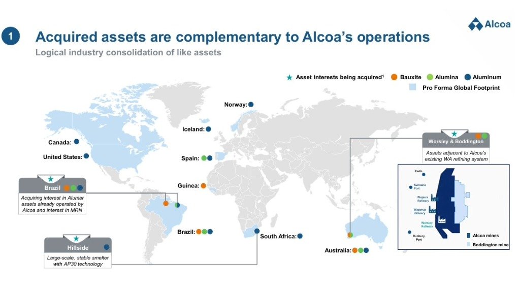 A map indicating the complementary nature of Alcoa and South32's aluminium assets