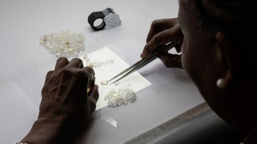 An employee carefully sorts rough diamonds at the GSS facility in Gaborone, Botswana