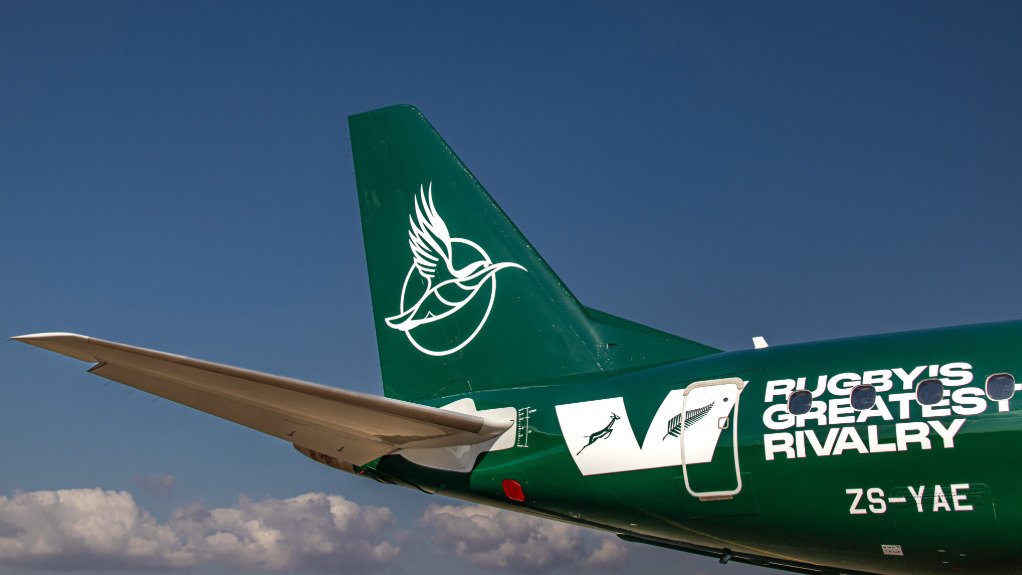 The tail of Airlink's ZS-YAE aircraft in green livery
