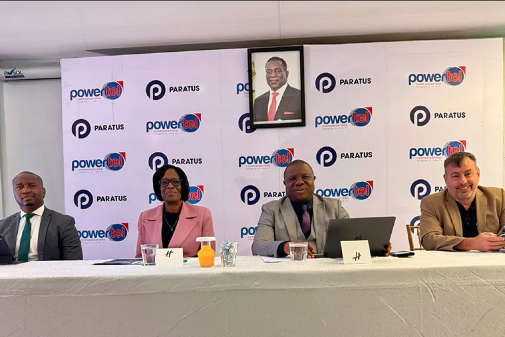 Image of (L to R) Mutapa Investment Fund energy and trading cluster head Tinashe Yafele; Powertel board chairperson Miriam Chahuruva; Powertel acting MD Willard Nyagwande; and Paratus Group chief commercial officer Martin Cox