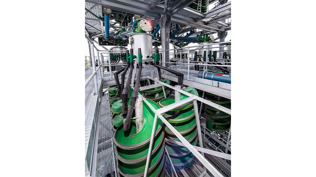 A sophisticated multi-level installation of Multotec spiral concentrators showcases modern mineral processing technology