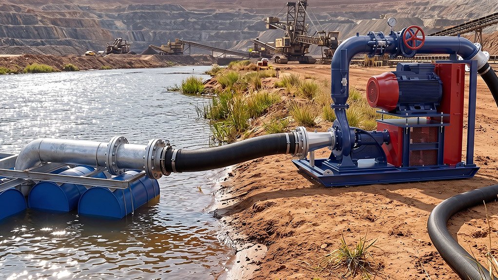 Severe-duty electric pump drag-skid paired with a modular 5-drum T-Float pontoon. Engineered by M Bond Pumps for remote open-pit mine dewatering.