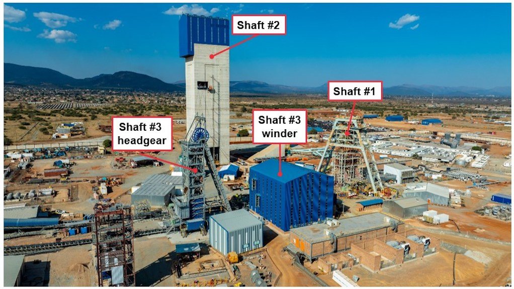 Aerial view of the headgear of the Platreef mine’s three shafts. The recently commissioned four-million-tonne-a-year Shaft #3 will be used to hoist ore for the Phase 1 operation as well as, from the fourth quarter of 2027, for the Phase 2 operations. Shaft #2 is currently being widened to a diameter of 10 m, making it the largest shaft in Africa.