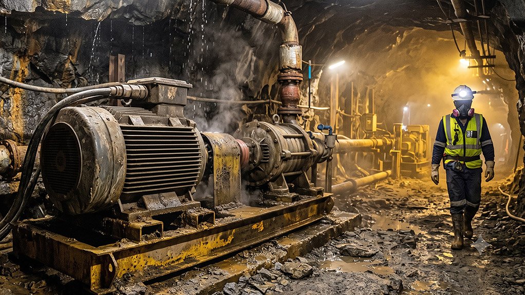 A heavy-duty, electric motor drives a multistage dewatering pump on a steel skid inside a rugged, wet underground mine tunnel, surrounded by atmospheric steam and harsh environmental conditions.