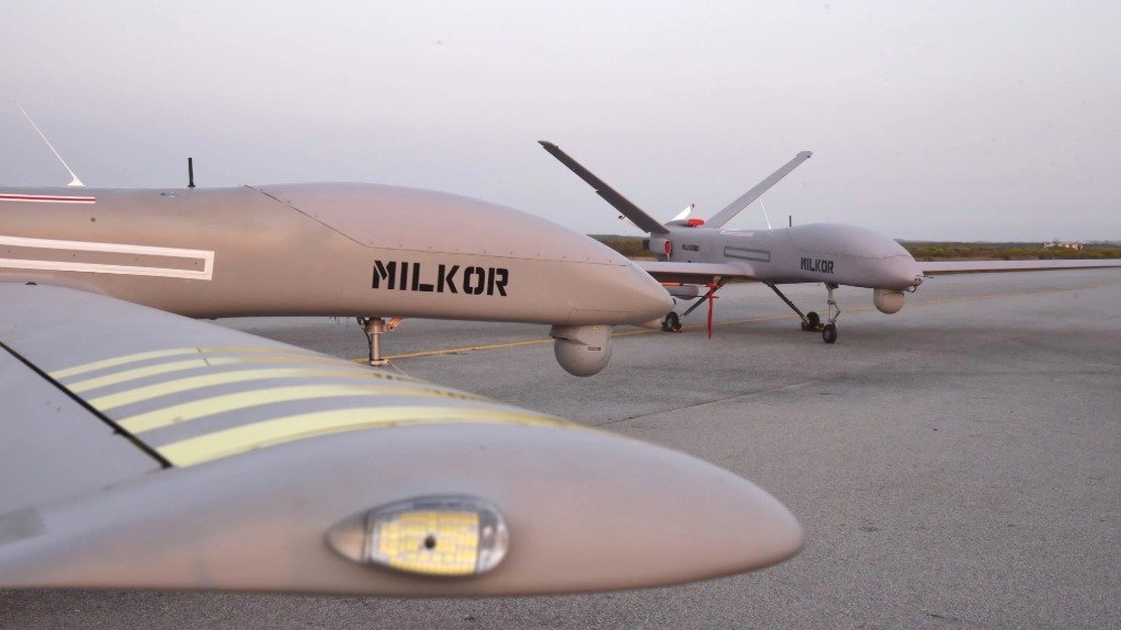 A Milkor 380 medium-altitude long-endurance uncrewed aerial vehicle