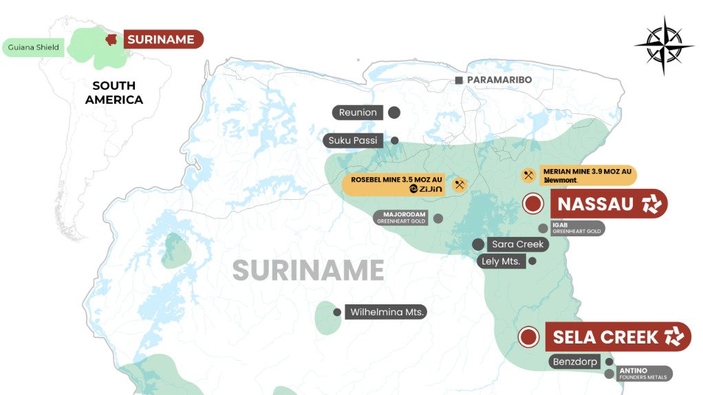 A map indicating the location of the Sela Creek and Nassau gold projects