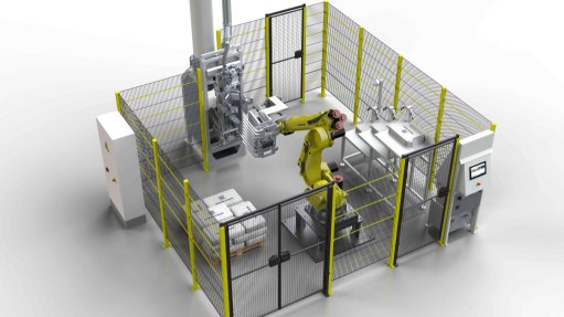 Haver & Boecker's Amicus Smart Cell palletising and de-palletising robot in a cage