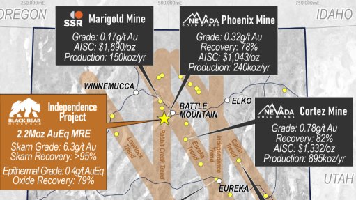 A map indicating the location of the Independence project and nearby mines