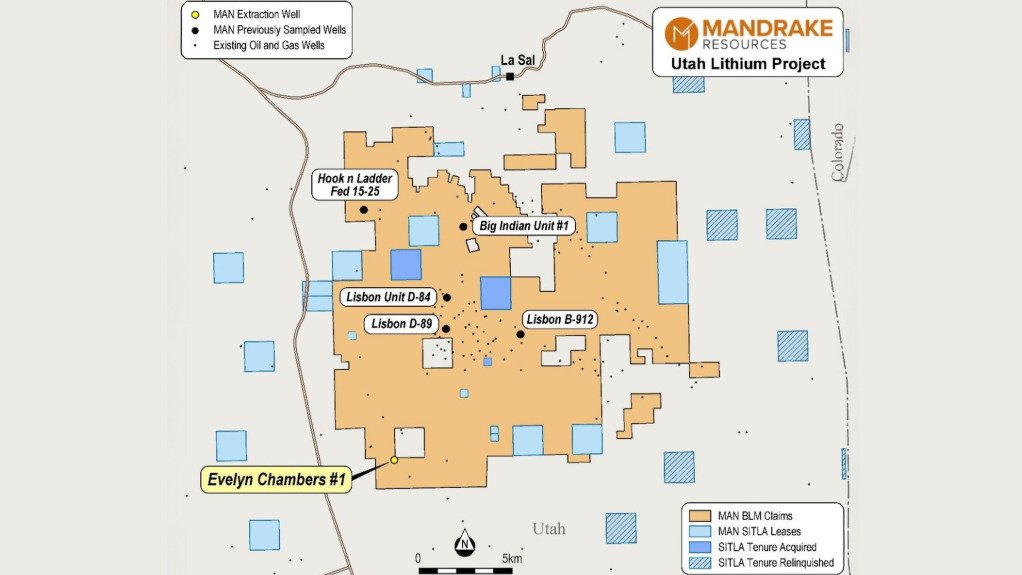 A map showing the land tenure held by Mandrake at the Utah lithium project