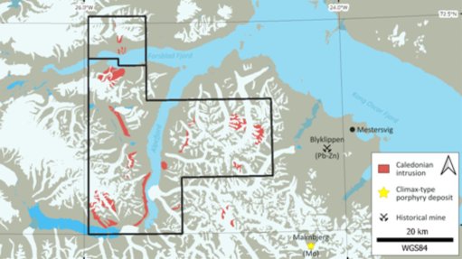 Location map of new Eleonore North licences in East Greenland with prospective Caledonian intrusions