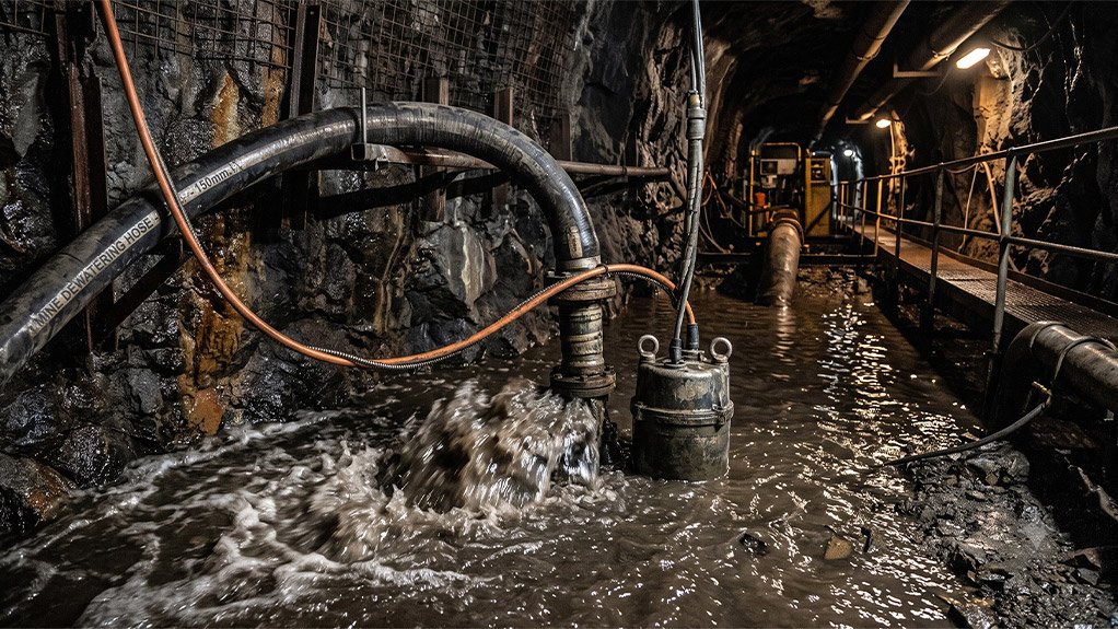 Heavy-duty submersible dewatering pump suspended by steel chains operating in a flooded underground mine shaft.