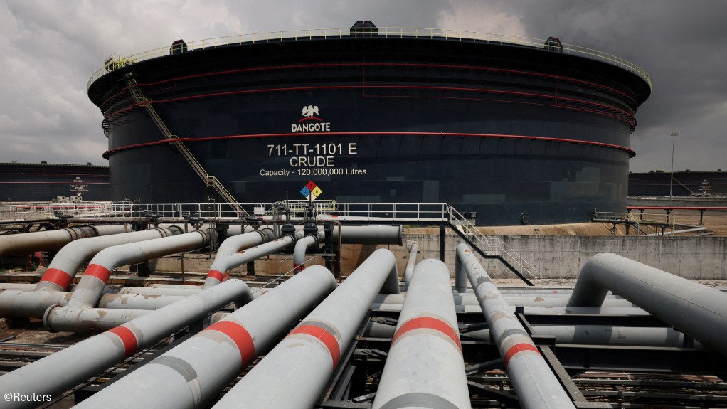 A crude oil storage tank at the Dangote refinery in Nigeria