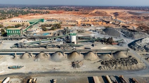 Aerial view over Kipushi’s 960,000-tonnes-per-annum concentrator, with the run-of-mine stockpiles of ultra-high-grade zinc ore in the foreground