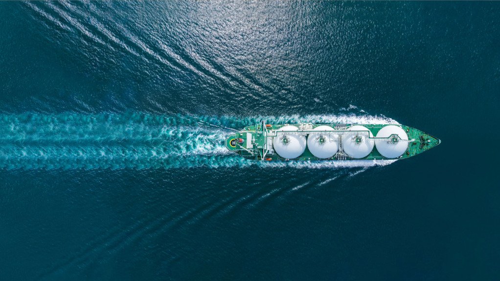 The above image depicts an aerial view of a LNG tanker