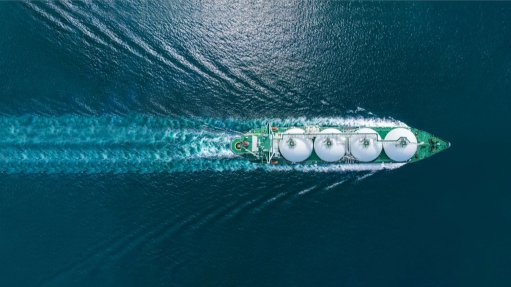 The above image depicts an aerial view of a LNG tanker