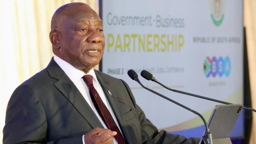 South African President Cyril Ramaphosa speaking at the launch of Phase 3 of the Government-Business Partnership