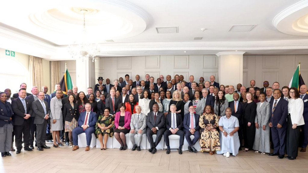 President Cyril Ramaphosa with Discovery CEO Adrian Gore to his right at the launch in Johannesburg of Phase 3 of the Government-Business Partnership