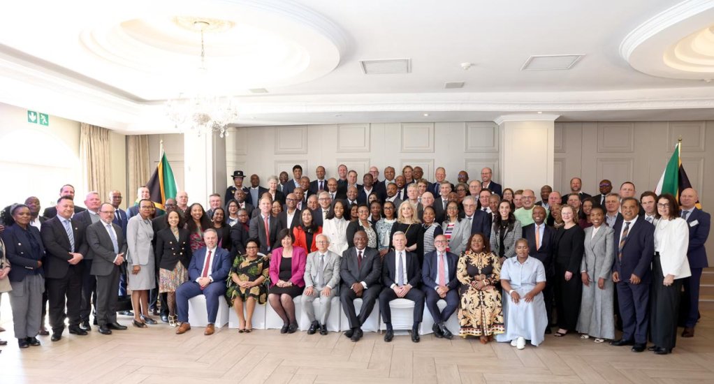 President Cyril Ramaphosa with Discovery CEO Adrian Gore to his right at the launch in Johannesburg of Phase 3 of the Government-Business Partnership