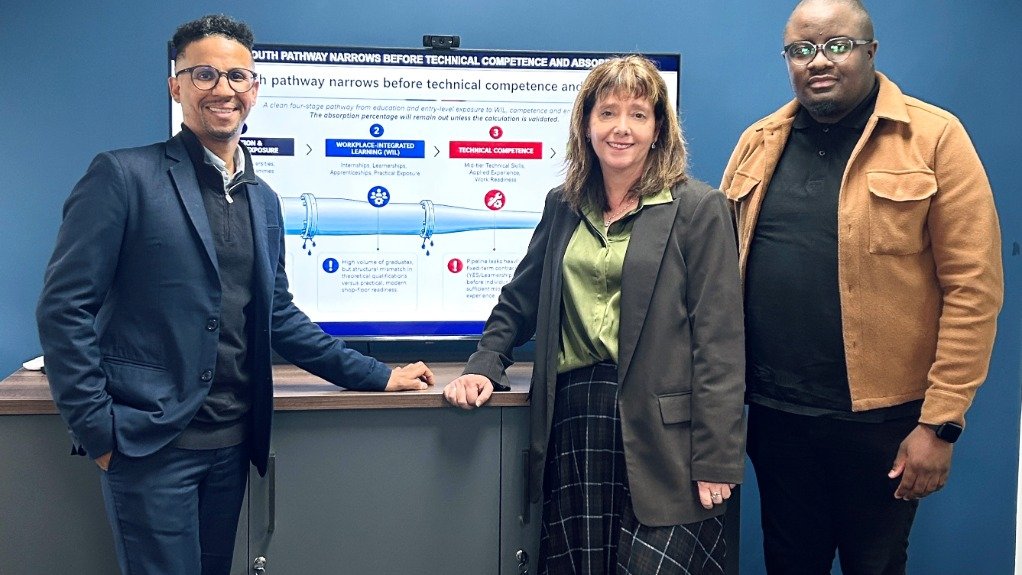 Aspen SA Operations skills development board lead Branson Bosman, Denise van Huyssteen and NMB BC chief growth officer Lunga Mjodo at the presentation of the skills audit report