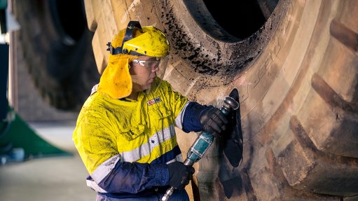 Large mine tyre repair under way.