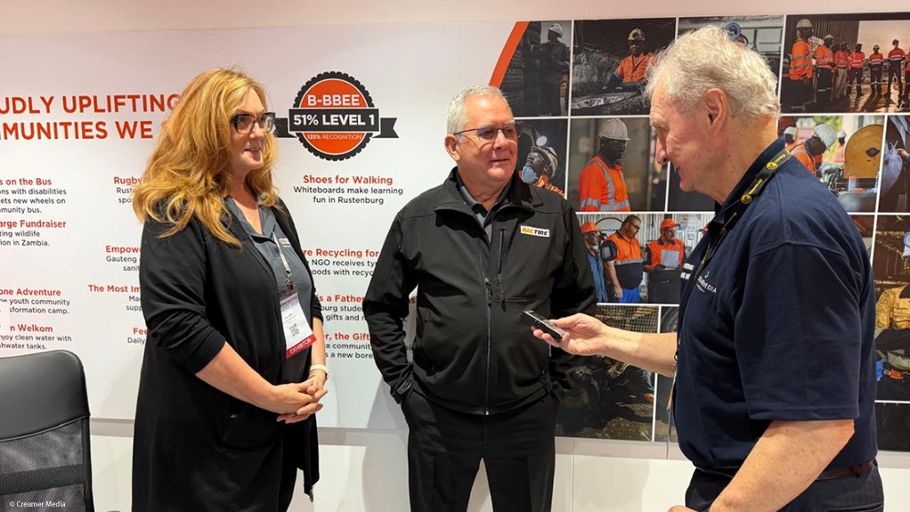 Kal Tire's Tracy Cobb and John Martin being interviewed at Electra Mining by Mining Weekly's Martin Creamer.