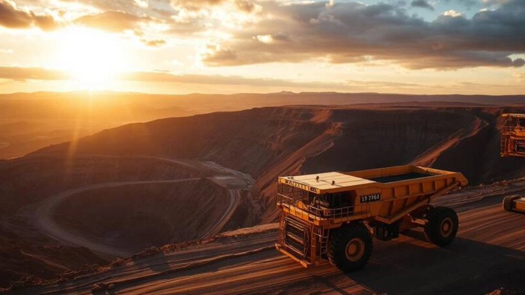 A mine vehicle at the lip of a mining operation at dawn