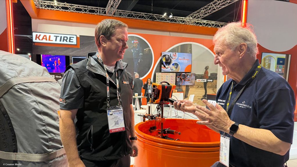 Kal Tire Mining Tire manager innovation Kyle Madill being interviewed by Mining Weekly's Martin Creamer.
