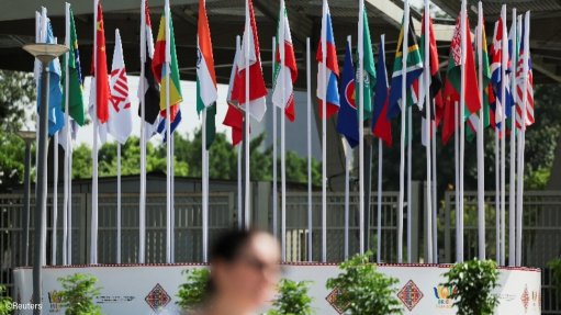 Flags outside the venue where the BRICS Summit is being held