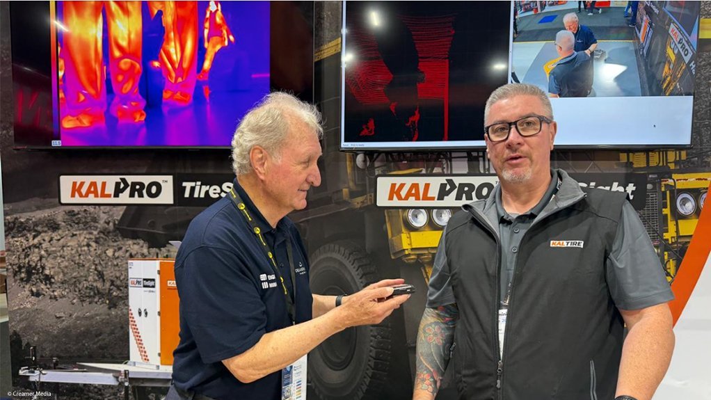 Kal Tire Mining Tire technical services director Christian Erdelyi (right)being interviewed by Mining Weekly's Martin Creamer.