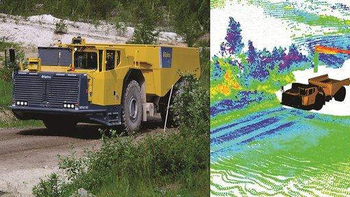 Image of an underground-to-surface truck and graphic of 3D LiDAR technology