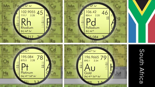 Image of South Africa flag and periodic table symbold for platinum, palladium, rhodium and gold.