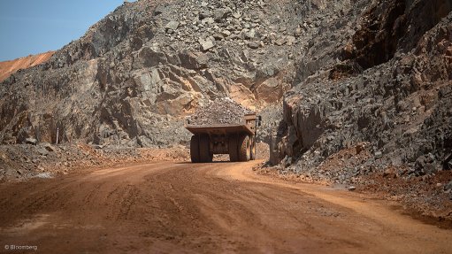 A truck driving at the Gounkoto mine in Mali