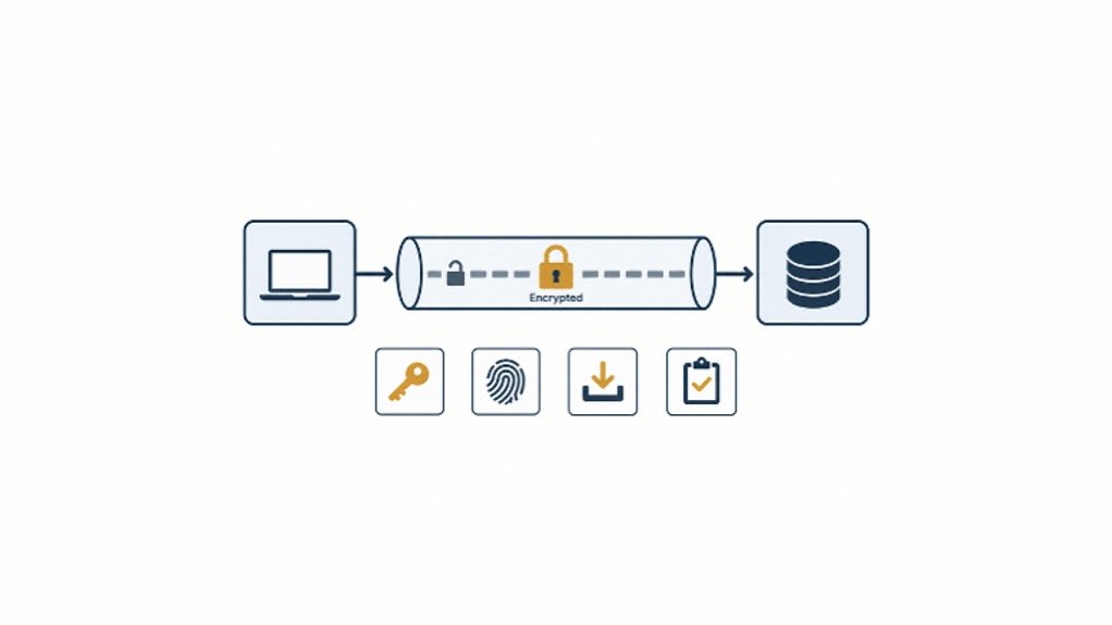 Flat diagram showing a laptop sending data through an encrypted channel to a database, with four security controls below