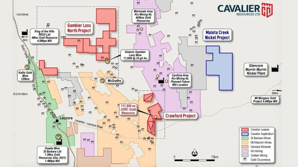 A map indicating the location of the Crawford project and surrounding mining projects