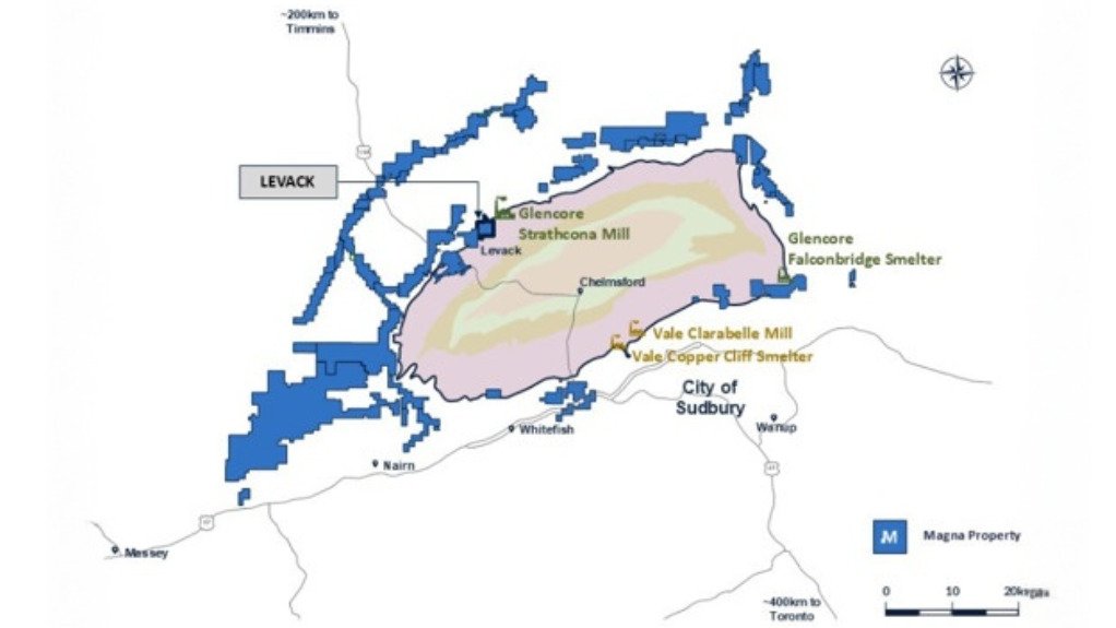 A map showing the location of the Levack mine