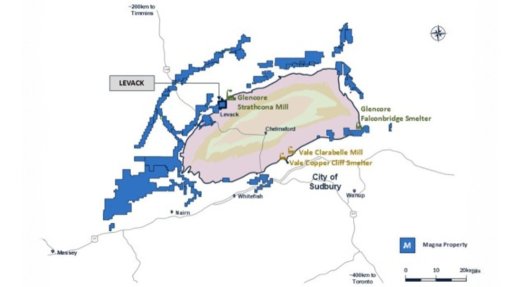 A map showing the location of the Levack mine