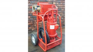 The trolley mounted HIPPO Flameproof Submersible Slurry Pump System® designed to operate in confined areas and can be pushed around by hand.