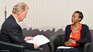 Women in Mining South Africa chairperson Lindiwe Nakedi (right) interviewed by Martin Creamer