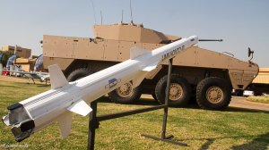 Some of the Denel Group’s products on display – in the foreground, an Umkhonto naval surface-to-air missile, with a Badger infantry fighting vehicle behind, and just visible in the left background, a Seeker unmanned aerial vehicle