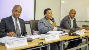 Pictured at the KZN Economic Council Meeting are Moses Tembe representing Captains of Industry, MEC For Economic Development, Tourism and Environmental Affairs Nomusa Dube-Ncube and Edwin Mkhize, Provincial Secretary of Cosatu 
