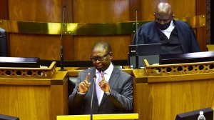 Image of Finance Minister Enoch Godongwana delivering the Medium Term Budget Policy Statement in parliament 