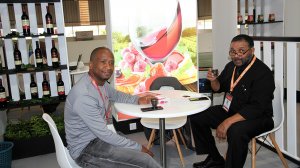 Image of SA businessmen Terence Leluma of Makhamisa Foods and Malcom Green of La RicMal Wines discussing business 