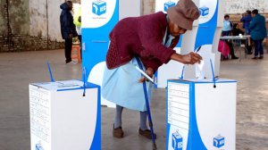 An elderly woman voting 