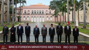 Assistant Minister for Multilateral International and Regional Economic Affairs of Egypt Ragui El-Etreby; UAE Deputy Prime Minister and Minister of Interior and Reem bint Ebrahim Al Hashimy; Russian Foreign Minister Sergei Lavrov; Ethiopian Foreign Minister Gedion Timothewos; Brazilian Foreign Minister Mauro Vieira; Chinese Foreign Minister Wang Yi; Indonesian Foreign Minister Sugiono; South African Minister of International Relations and Cooperation Ronald Lamola; Iranian Deputy Foreign Minister on Economic Diplomacy Seyed Rasoul Mohajer; and Ambassador Dammu Ravi pose for a family picture, on the day of the BRICS Meeting of Ministers of Foreign Affairs in Rio de Janeiro, Brazil.