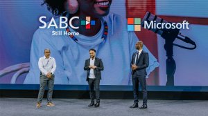SABC COO Lungile Binza, Microsoft Corporate VP of data and AI Zia Mansoor and Microsoft South Africa CEO Vukani Mngxati